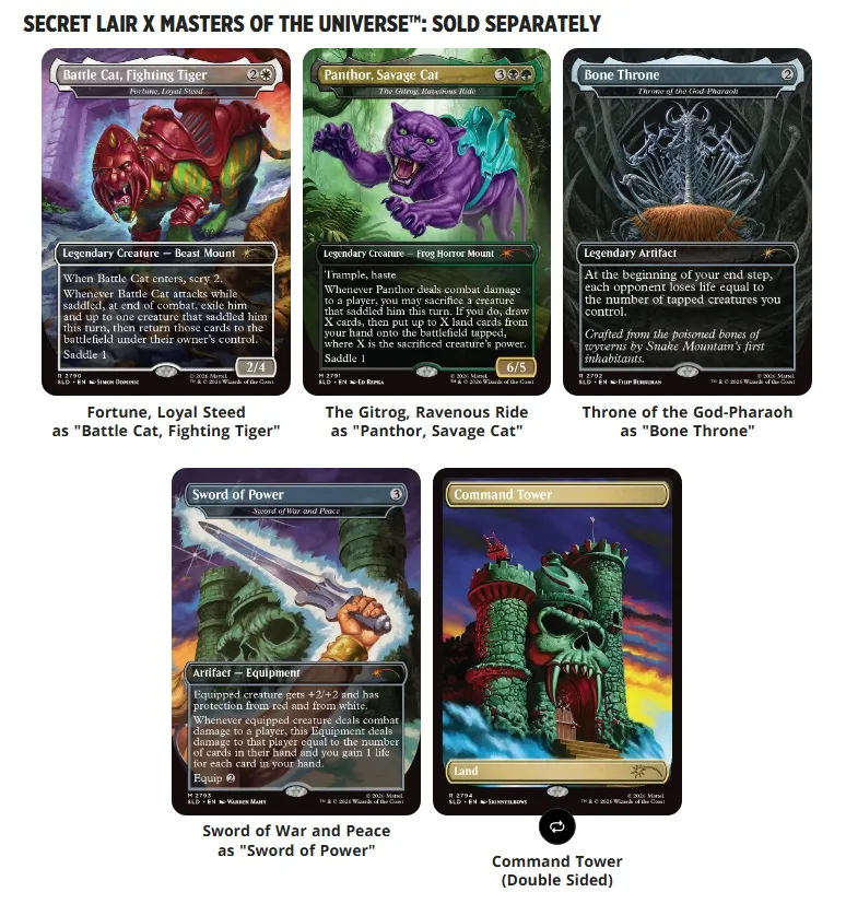 Five Magic: The Gathering cards: Battle Cat, Panther, Bone Throne, Sword of Power, Command Tower.