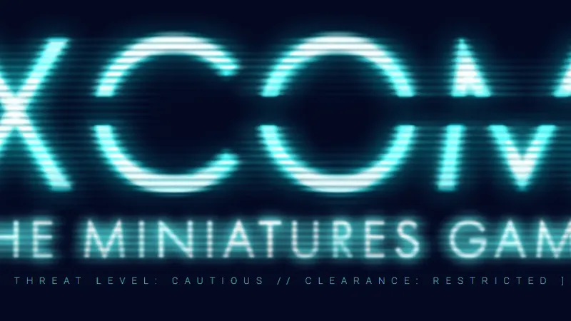 The image features the title "XCOM: The Miniatures Game" displayed in a futuristic, glowing font against a dark background. The text is stylized with a digital glitch effect, emphasizing a high-tech theme. Below the title, there are cautionary phrases: "THREAT LEVEL: CAUTIOUS // CLEARANCE: RESTRICTED," adding to the game's atmosphere of secrecy and urgency.