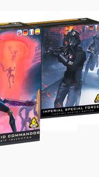 Two boxes from the "Star Wars: Legion" tabletop game are displayed side by side. On the left, the "BX-Series Droid Commandos" box features a blue droid with a weapon, set against a vibrant red and orange background depicting other droids in action. On the right, the "Imperial Special Forces" box showcases a dark-clad soldier aiming a weapon, with a dramatic backdrop of blue tones and red highlights, emphasizing a tense atmosphere.