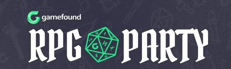 A glowing green 20-sided die with visible numbers and a stylized "G" in the center, set against a dark textured background. Partial white text reading "PR" is visible on the right side.