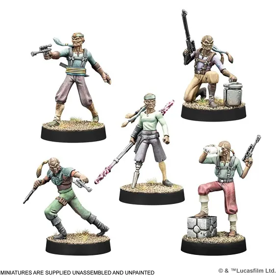 A collection of five unpainted Weequay pirate miniatures from the Star Wars: Legion game, each standing on circular bases with a grassy texture. The figures display various poses: one holds a blaster, another wields a staff, while others are equipped with different weapons and gear, showcasing their mercenary nature. The miniatures feature distinct clothing styles, including a mix of colors like green, blue, and pink, reflecting their rugged pirate aesthetic.