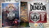 A visually striking cover of a book titled "Mega Dungeon: The Mines of Silverdeep" features a dramatic illustration with various fantasy characters, including a menacing figure and a regal-looking character in the foreground. Beside the book, a detailed scroll map showcases intricate dungeon layouts, while a large, stylized die is positioned in the corner, indicating its relevance to tabletop gaming. The overall composition emphasizes the adventurous and immersive nature of the gaming experience.