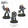 Three armored figures with weapons, green and black suits, on grass-textured bases.