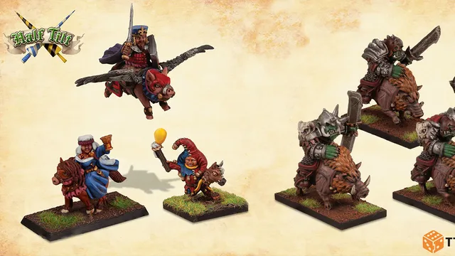 A colorful display of miniatures features a whimsical scene from the game Half Tilt. On the left, Duke Hammond rides a winged pigasus, while Jacques the Jester, in a red outfit, holds a balloon and rides a hobby horse. To the right, three orc jousters, equipped with armor and weapons, ride sturdy mounts, showcasing their fierce expressions and battle-ready stances. The background is a textured beige, enhancing the vibrant colors of the characters and their mounts.