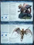 Two pages from the "Nordic Monsters: A Bestiary of Scandinavian Legends" book showcase detailed entries for two creatures. The top section features the "Linnorm, Cairn," illustrated as a dragon-like creature perched on a rocky outcrop, with a fierce expression and spiky mane. The bottom section presents the "Valkyrie," depicted as a winged warrior with a spear, wearing a horned helmet and intricate armor, ready for battle. Each entry includes descriptive text and game statistics, framed by a blue decorative border.