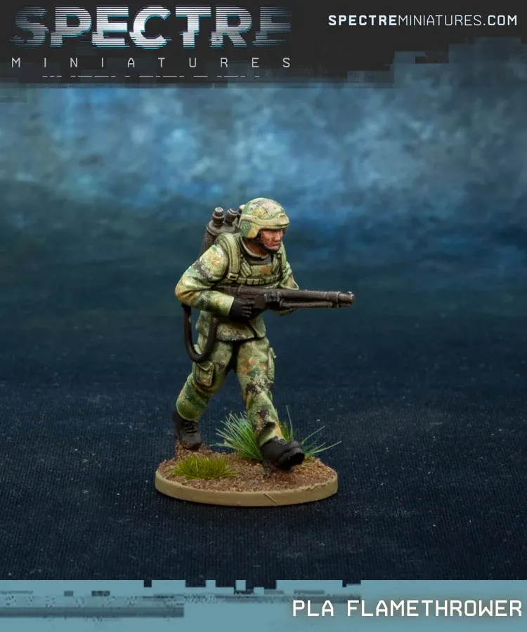 A detailed miniature figure of a contemporary Chinese soldier from the People's Liberation Army (PLA) is depicted, wearing a camouflage uniform and a helmet. The soldier is equipped with a QBZ-191 assault rifle, and a tactical backpack is visible on his back. The base features some grass and dirt, enhancing the realistic appearance of the figure.