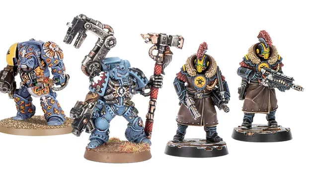 Three miniatures from the Palanite Enforcer Captains & Sergeants set are displayed. On the left, a figure wields a large axe and wears a blue and brown uniform with a fur collar, while the two figures on the right are equipped with firearms and feature distinctive yellow masks and red mohawks. All three are mounted on circular bases, showcasing intricate details in their armor and accessories.