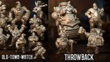 A collection of fantasy football miniatures features a squad from the Old Watch Town team, including three police dwarves, a dwarf blitzer, and two police halflings. A wooden golem and two star players, Klarice and the Judge, are also present. On the right, a selection of Throwback models showcases previous releases, highlighting the diverse range of characters in this expansion.