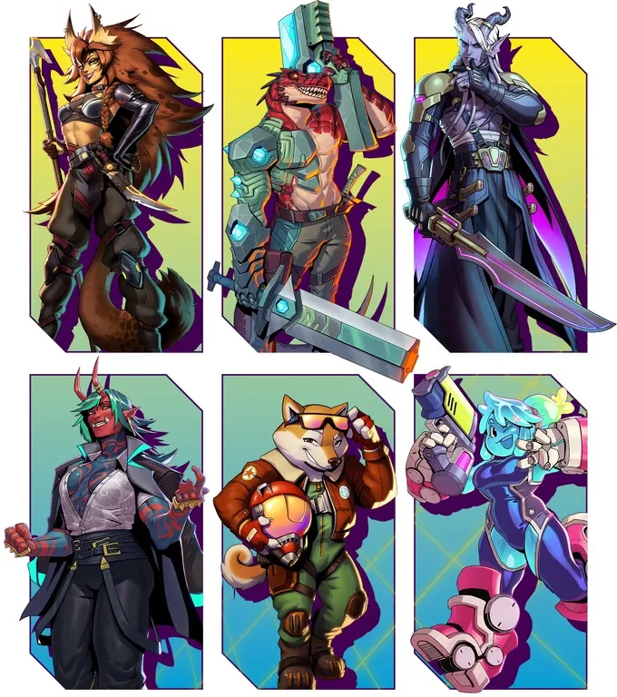 A vibrant illustration features six distinct characters from the Neon Odyssey campaign, each framed in colorful backgrounds. The characters include a fierce humanoid with animal features wielding a sword, a muscular figure in futuristic armor holding a large weapon, a mysterious figure in dark attire with a sword, a dragon-like character, a fox-like character in a pilot suit, and a blue-skinned character with robotic elements and a blaster. The overall aesthetic combines sci-fi elements with a dynamic, animated style, reflecting the game's cosmic adventure theme.