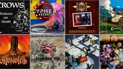 Four tabletop game covers: Cypher Advanced, Letters from the Leagues Volume 5, The Battle for South Africa, and a sci-fi board.