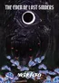 Dark cave interior with glowing orange eyes and jagged teeth silhouette in center. Scattered blue-lit mushroom-like shapes on forest floor. Text reads "Compatible with MÖRK BORG."
