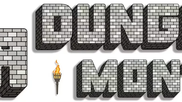 Bold, blocky text spells out "MEGA DUNGEON MONTH" in a stone brick style, evoking a dungeon-like atmosphere. A stylized torch with a flame is positioned to the right of the text, adding to the adventurous theme. The overall design is eye-catching and fits the tabletop gaming aesthetic, suggesting a focus on dungeon crawling and RPG content.