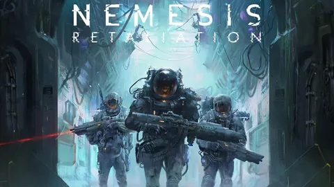 Three figures in futuristic space suits and helmets walk through a dimly lit, industrial corridor with exposed pipes and wiring. Each holds a large firearm. The central figure is slightly ahead, aiming their weapon forward. A red laser sight is visible. The background features a large archway with glowing blue and purple lighting. Above them, the text "NEMESIS RETALIATION" is prominently displayed in white capital letters. In the bottom right corner, the Awaken Realms logo is visible.