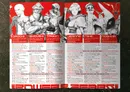 Five character illustrations with names and stats on a red and white background.
