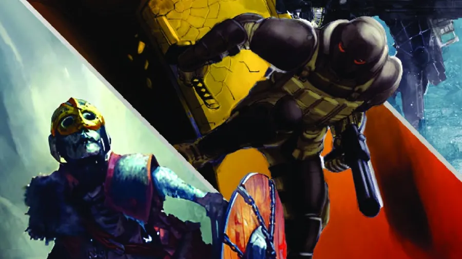Two characters in futuristic armor: one with a yellow and black suit holding a large weapon, the other in a dark suit with a helmet and holding a gun. A third armored figure in green and gold stands in the background. Text reads: "WHAT'S OLD IS NEW ROLEPLAYING SYSTEM."
