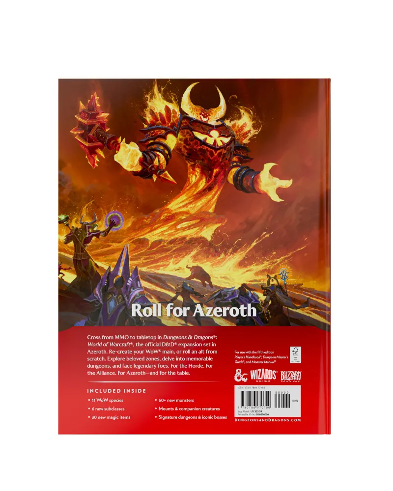 Fiery demon with horns, armored figures, and text "Roll for Azeroth" on a red book cover.