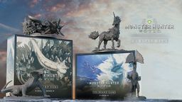 A detailed display features two intricately designed monster miniatures from the Monster Hunter World board game: the Kirin, resembling a unicorn with a dragon-like body, and the Tzitzi-Ya-Ku, which has a distinctive frill and a dynamic pose. In the background, the game box is visible, showcasing artwork of the Kirin and the title "MONSTER HUNTER WORLD: THE BOARD GAME." The overall color palette includes muted tones, enhancing the fantasy theme of the game.