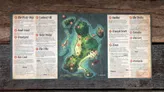 A detailed island map with numbered locations: Sandibar, Tranquil Beach, Town, The Docks, Barracks, Old Fort, and Peninsulas. Red pins mark key spots. Text lists numbered descriptions for each area. Scale bar shows 500 paces.