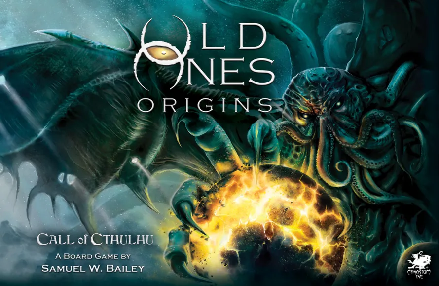 "OLD ONES ORIGINS" text, tentacled creatures, fiery explosion.