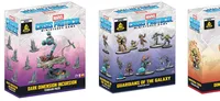 Box for Marvel Crisis Protocol Miniatures Game, Guardians of the Galaxy Starter Set. The packaging is predominantly purple with a clear plastic front displaying ten painted miniatures of characters in dynamic poses, each on a circular base. At the top, the text reads "MARVEL CRISIS PROTOCOL MINIATURES GAME" in blue and white. Below the miniatures, the text "GUARDIANS OF THE GALAXY STARTER SET" is in yellow and white. A small black label with "MCP65" and the Atomic Mass Games logo is visible in the upper left corner.