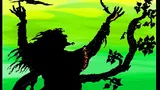 A silhouetted figure, possibly a mage, stands with arms raised against a vibrant gradient background of green and yellow. The figure is adorned with flowing robes featuring flame-like designs, and a dragon-like creature spirals above. In the lower right corner, there are two symbols, one circular and one resembling a stylized flame, adding to the mystical theme.