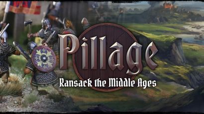 A stylized logo for the game "Pillage" features bold, metallic lettering with a wooden shield backdrop, emphasizing the theme of ransacking during the Middle Ages. In the background, Viking warriors are depicted, equipped with shields and weapons, set against a scenic landscape that includes rolling hills and distant fortifications. The subtitle "Ransack the Middle Ages" is displayed prominently beneath the main title, highlighting the game's focus on narrative-driven skirmishes.