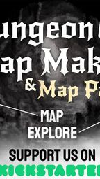 The image features promotional artwork for the "Dungeon Map Maker & Map Pack" Kickstarter by Doopy Games. The title is prominently displayed in a bold, stylized font, with a geometric symbol above it. Surrounding the title are various game elements, including cards showcasing character stats and abilities, and icons indicating language availability (English, Spanish, German, and French). The bottom of the image includes a call to action to support the project on Kickstarter, along with logos for PDF and print options. The background has a dark, atmospheric design that evokes a fantasy theme.