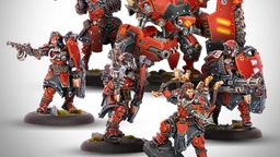 A Khador warband from Warmachine features five miniatures prominently displayed. The unit includes the Warcaster Kapitan Zahara Vilkul, a large character warjack named Razor, and three character solos, including Sergeant Goran Lazarenko and the Hounds. The miniatures are painted in a striking red and black color scheme, showcasing intricate details and weaponry, with Razor towering over the others, emphasizing the unit's vanguard role.