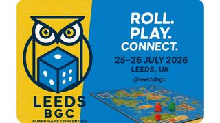 A vibrant promotional graphic for the Leeds Board Game Convention features a stylized owl with large eyes, perched above a blue die, set against a bright yellow background. The text highlights the event's name "LEEDS BGC" and includes details about the dates (25-26 July), location (Leeds, UK), and social media handle (@leedsbgc). In the lower right corner, a colorful game board with pieces is partially visible, emphasizing the tabletop gaming theme.