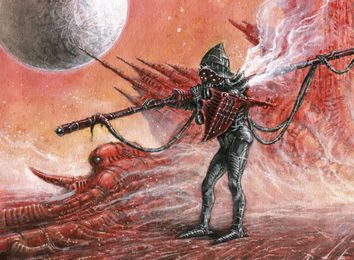 A humanoid figure in a dark, armored suit stands prominently against a fiery red and orange background, suggesting a hostile alien landscape. The figure wields a large, intricate weapon, with cables extending from its body, and has a helmet that features a menacing design. In the background, shadowy shapes of spacecraft and structures can be seen, adding to the otherworldly atmosphere.