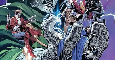 Doctor Doom holding energy, with Rocket Raccoon, Thor, Black Panther, and others. Text: SECRET WARS.