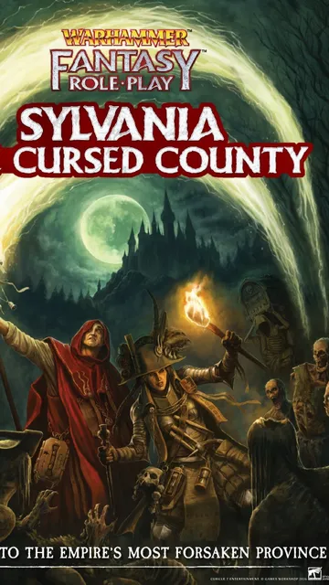 Warhammer Fantasy Roleplay: Sylvania The Cursed County, two figures with torches and undead in a dark forest.