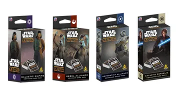 Three distinct card packs for "Star Wars: Legion" are displayed, each featuring unique artwork and color schemes. The left pack, labeled "Galactic Empire Command Card Pack," showcases a character in a dark uniform against a purple background. The center pack, "Rebel Alliance Command Card Pack," features a character in a flight suit with a red background. The right pack, "Separatist Alliance Command Card Pack," displays a character with a weapon in a blue background. Each pack prominently features the "Star Wars: Legion" logo and includes images of the cards inside.