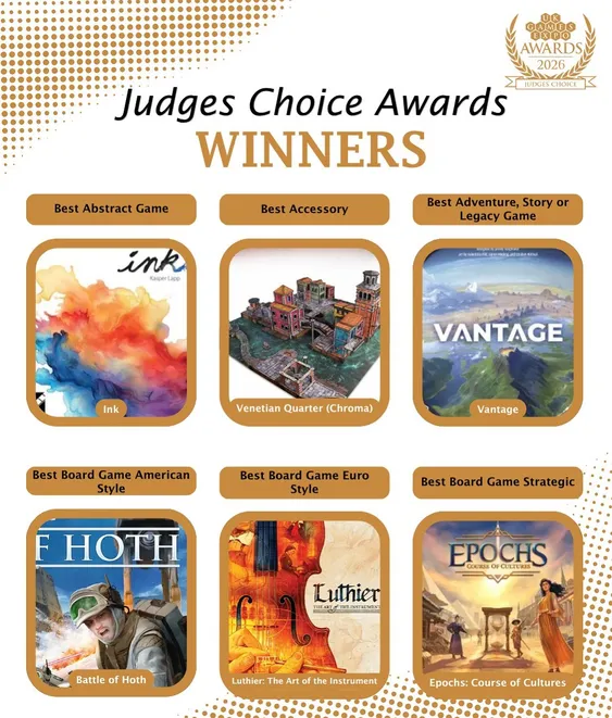 A graphic displays the winners of the UK Games Expo Judges’ Choice Awards 2026, featuring colorful icons for each category. The top row includes 