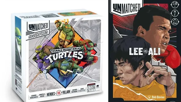 The image features two game boxes side by side. On the left, the "Unmatched Adventures - Teenage Mutant Ninja Turtles" box showcases vibrant artwork of the four Ninja Turtles, with Raphael prominently displayed, along with the title and details about the game. On the right, the "Unmatched: Bruce Lee vs Muhammad Ali" box features striking illustrations of Bruce Lee and Muhammad Ali, highlighting their iconic poses, with the title prominently displayed at the top. Both boxes reflect the dynamic and competitive nature of the Unmatched game series.