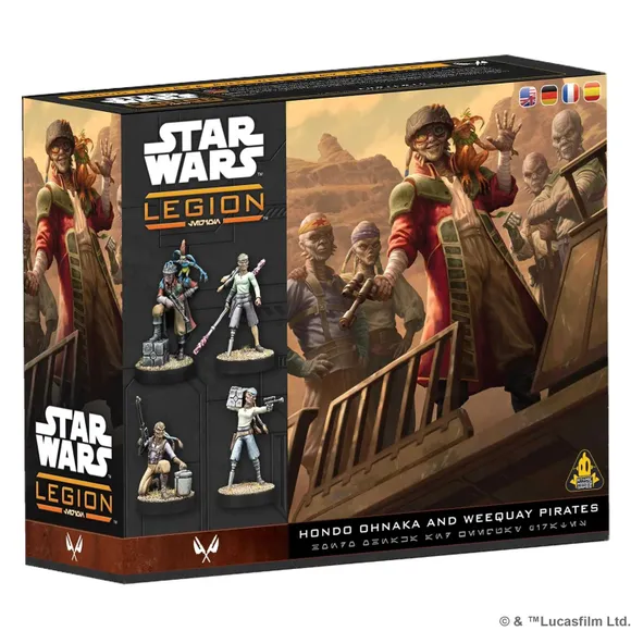 A box set for "Star Wars: Legion" features the Weequay Pirates, prominently displaying the charismatic leader, Captain Hondo Ohnaka, alongside several other miniatures. The box art showcases a rugged desert landscape with the pirates depicted in various poses, emphasizing their mercenary nature. The title "Hondo Ohnaka and Weequay Pirates" is featured prominently, along with the game's logo.