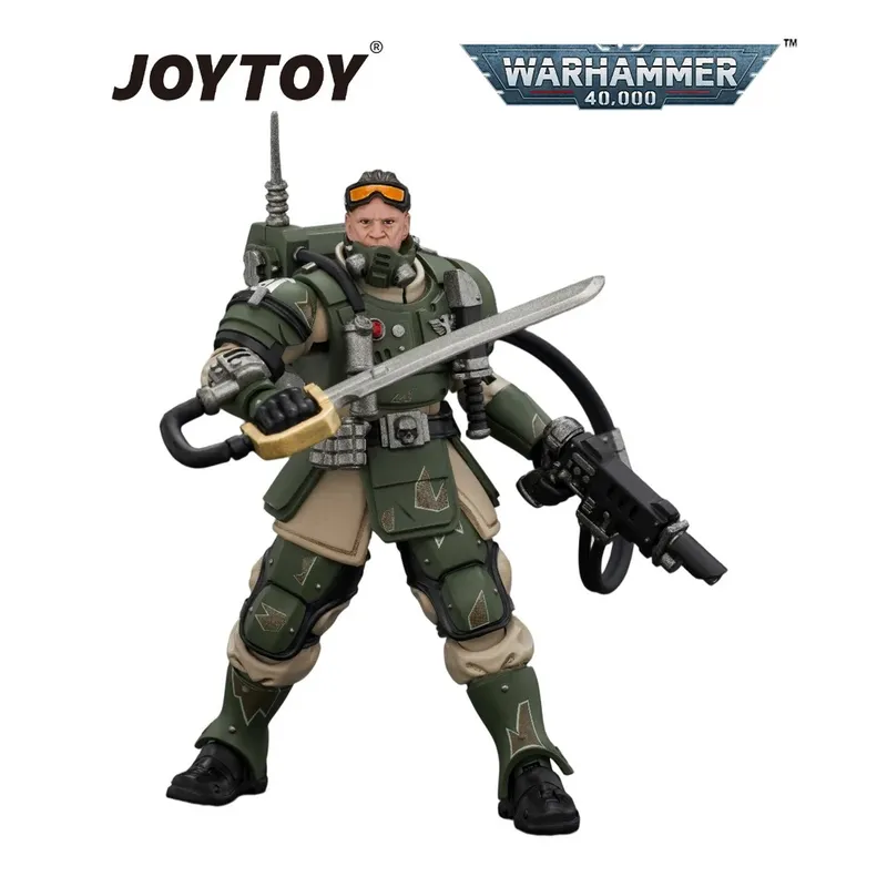 Action figure in green armor holding a sword and gun, JOYTOY and Warhammer 40,000 logos above.