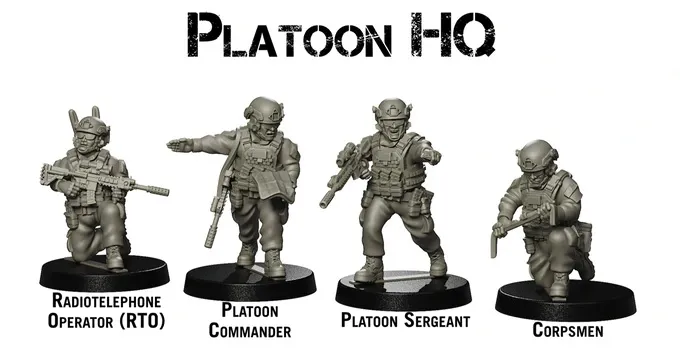 Four detailed miniature figures representing a U.S. Marine Platoon HQ are displayed against a plain background. From left to right, the figures include a Radiotelephone Operator (RTO) holding a weapon, a Platoon Commander in a dynamic pose, a Platoon Sergeant with a confident stance, and a Corpsman equipped for medical support. Each figure showcases modern military gear and is designed for tabletop gaming.