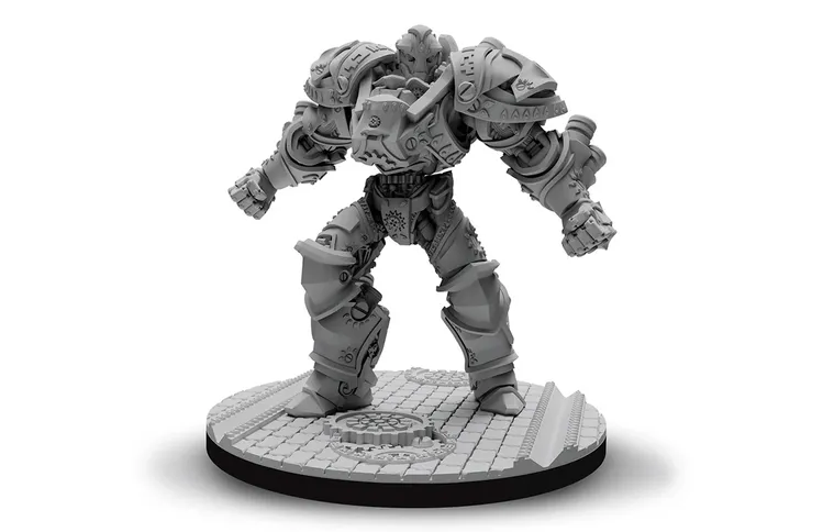 A highly detailed miniature of a large, armored mechanical figure stands on a circular base with a textured surface. The figure features intricate designs and engravings on its armor, showcasing a robust and imposing presence, with a muscular build and a fierce expression. The overall color is a light gray, emphasizing the sculpted details of the armor and the mechanical components.