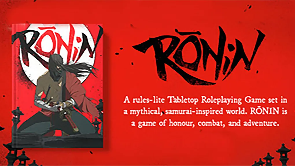 A striking image features the cover of the tabletop roleplaying game Rōnin, set against a bold red background. The artwork depicts a samurai character in a dynamic pose, wielding a sword, with a stylized logo of the game prominently displayed above. Below the character, descriptive text highlights that Rōnin is a rules-lite tabletop RPG focused on mythical, samurai-inspired themes of honor and combat.