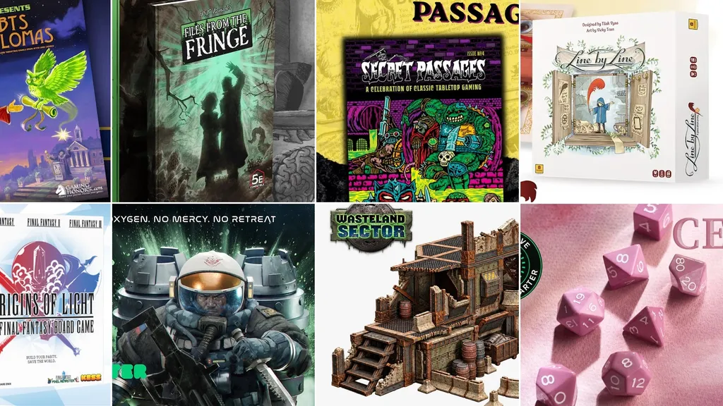 Top left: "PASSAGE" logo, "SECRET PASSAGES" box with colorful fantasy art, text "A CELEBRATION OF CLASSIC TABLETOP GAMING." Top right: "Line by Line" book cover showing a child in a mirror with text "Designed by Tink Stainton."