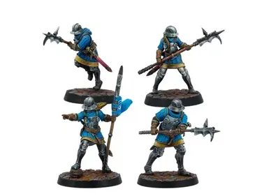 Four miniatures are displayed, each depicting armored soldiers in blue and gold attire. They wield various weapons, including a spear and a spiked mace, and are posed dynamically on textured bases. The figures showcase intricate details, such as helmets and clothing, emphasizing their role as experienced soldiers in a fantasy setting.
