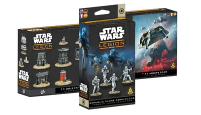 Three new Star Wars: Legion expansions are displayed, featuring distinct packaging for each. The foreground showcases the "Republic Clone Commandos" unit expansion, which includes four Clone army miniatures, while the background features the "T-47 Airspeeder" expansion, depicting the airspeeder in action. To the left, the "3D Objective Tokens" set is visible, highlighting various detailed tokens designed for gameplay.