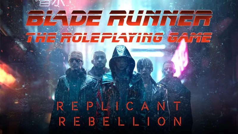 A group of five characters stands in a neon-lit urban environment, embodying a gritty, futuristic aesthetic. They wear dark, stylish clothing, including leather jackets and a hooded coat, suggesting a rebellious vibe. The title "BLADE RUNNER: THE ROLEPLAYING GAME" is prominently displayed at the top, with "REPLICANT REBELLION" in bold red letters at the bottom, emphasizing the theme of resistance against oppression.