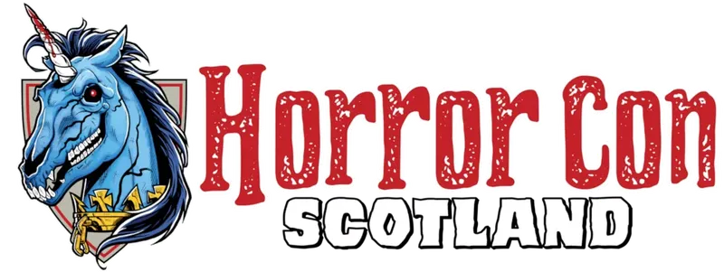 A stylized logo features a blue unicorn with a fierce expression, showcasing sharp teeth and a prominent horn. The unicorn is adorned with a golden collar and is set against a shield-like background. The text "Horror Scotland" is prominently displayed in bold, red letters, with a distressed texture, emphasizing the event's horror theme.