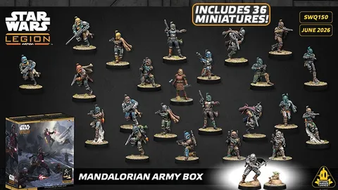 A collection of 36 miniatures from the Mandalorian Army Box for the Star Wars: Legion game is displayed, featuring various Mandalorian characters in dynamic poses. The miniatures are set against a dark background, with a prominent box at the bottom left labeled "MANDALORIAN ARMY BOX" and the text "INCLUDES 36 MINIATURES!" highlighted above. The miniatures showcase a range of armor designs and weapons, reflecting the diverse Mandalorian culture and their combat readiness.
